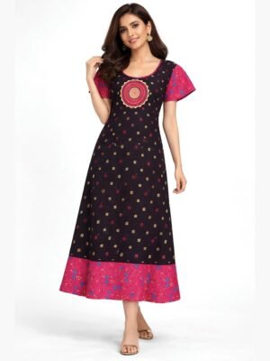 Women's Cotton Floral Printed Frock Nighty - Navy Blue