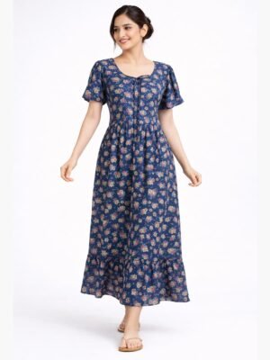 Women's Polyester Floral Kurti Dress - Navy Blue