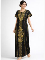Women’s Cotton Zipper Nighty, Embroidered - Black