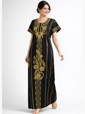 Women’s Cotton Zipper Nighty, Embroidered - Black