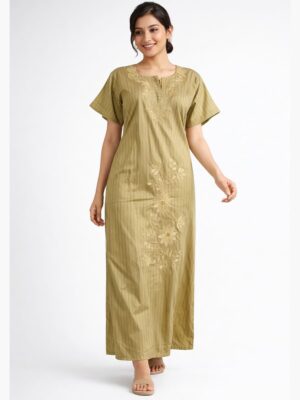 Women’s Cotton Blend Embroidered Zipper Nighty - Cream
