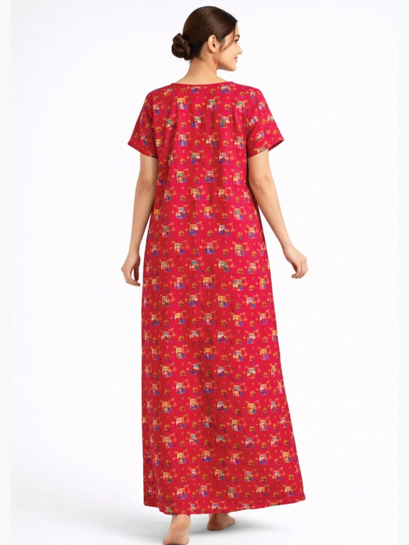 Women's Cotton Printed Piping Nighty - Raspberry
