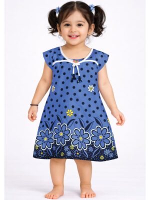 Kids Cotton Floral Printed Nighty - Royal Blue