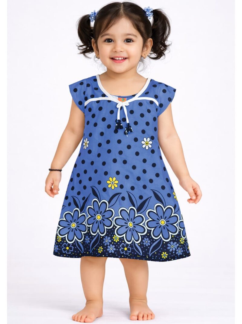 Kids Cotton Floral Printed Nighty - Royal Blue