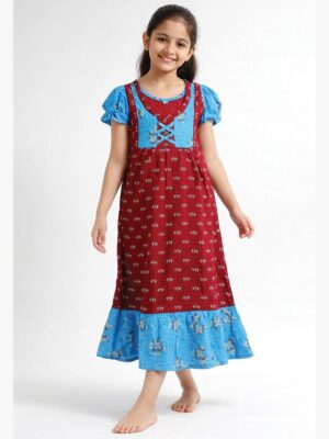 Girls Cotton Frock Nighty – Maroon & Blue