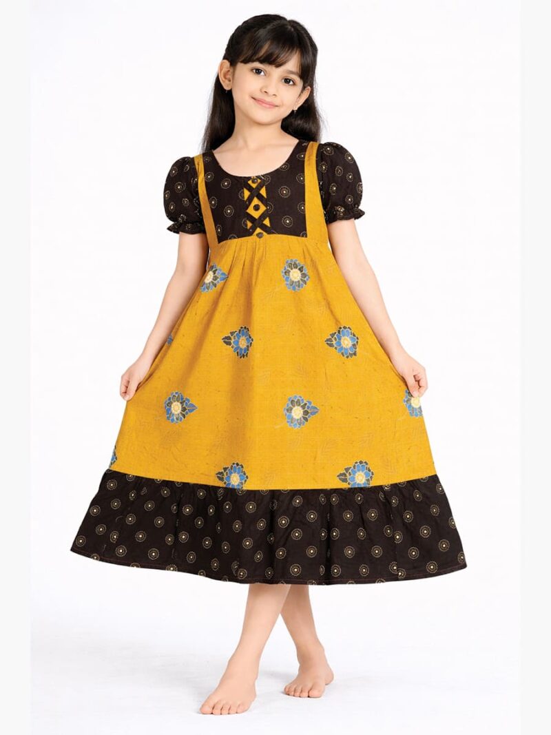 Girls Cotton Frock Nighty – Mustard Yellow & Coffee