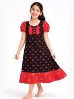 Girls Cotton Frock Nighty – Coffee & Red