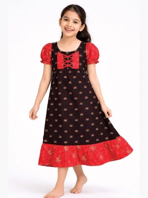 Girls Cotton Frock Nighty – Coffee & Red