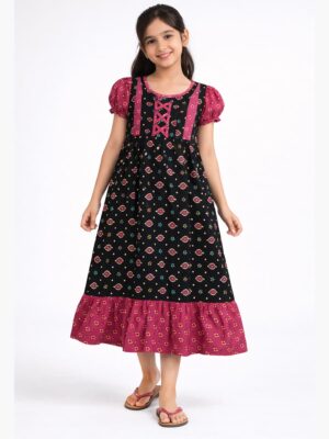 Girls Cotton Frock Nighty – Black & Terracotta Girls Cotton Frock Nighty – Black & Terracotta
