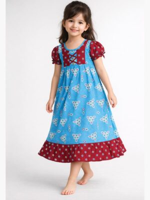 Girls Cotton Frock Nighty – Blue & Maroon