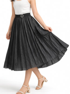 Kids Satin Pleated Midi Skirt – Black