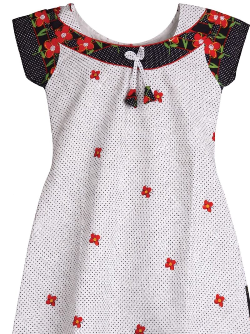 Kids Cotton Floral Printed Nighty - White & Red