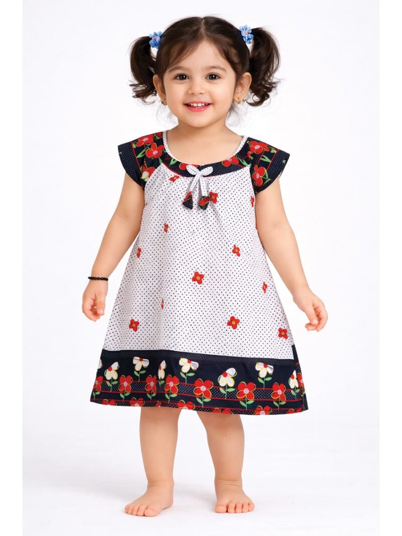 W-NY-215-01-WH-RD-2Y-F Kids Cotton Floral Printed Nighty - White & Red