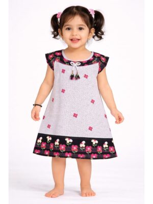 Kids Cotton Dress Floral Print - White & Pink