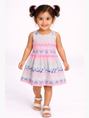 Girls Cotton Sleeveless Frock Dress - Pink & Grey