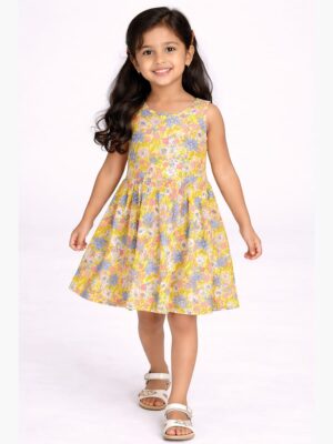 Girls Cotton Sleeveless Frock - Yellow