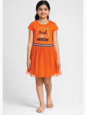 Girls Cotton Printed Frock Dress - Orange