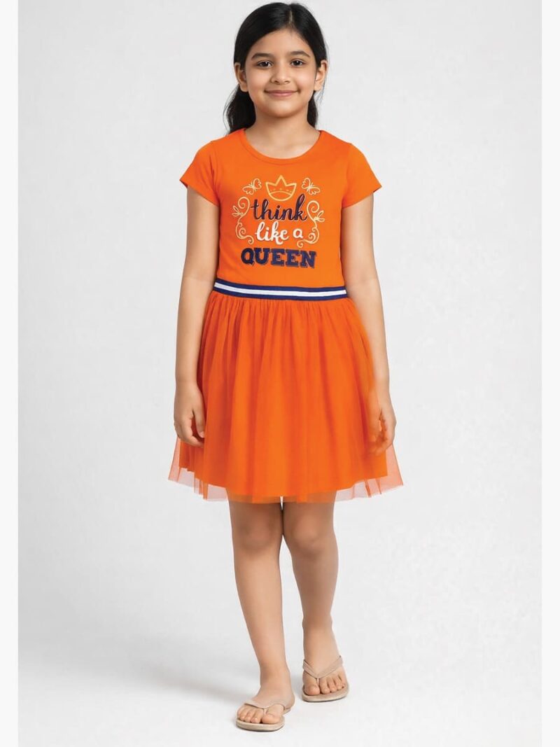 KG-FR-253-03-OR-7-8Y-F Girls Cotton Printed Frock Dress - Orange