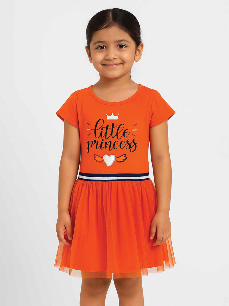 Girls Cotton Printed Frock Dress - Orange