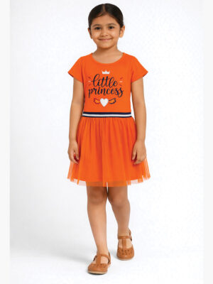 Girls Cotton Printed Frock Dress - Orange