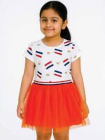 KG-FR-255-04-WH-OR-9-10Y Girls Cotton Printed Party Frock Dress - White Orange