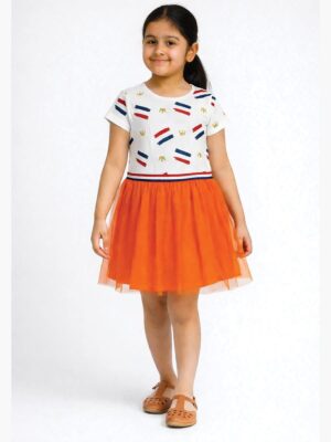 Girls Cotton Printed Party Frock Dress - White Orange