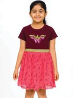 KG-FR-256-01-MR-PK-7-8Y-b. Girls Cotton Printed Party Frock Dress - Maroon Pink