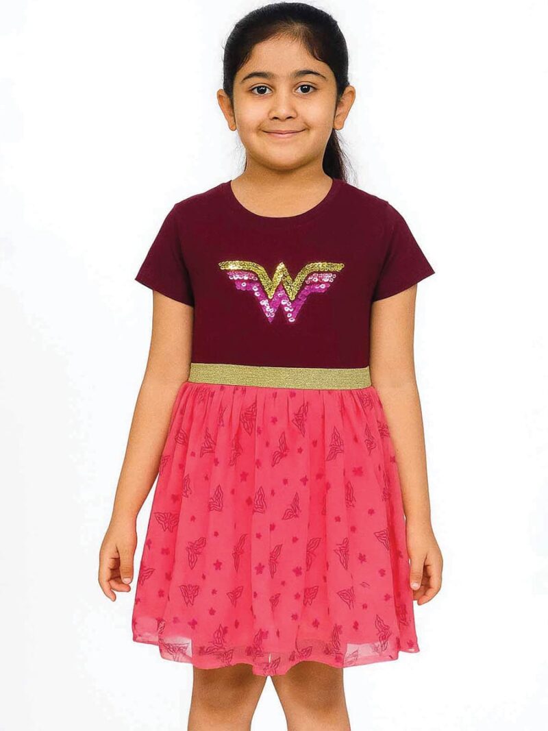 Girls Cotton Printed Party Frock Dress - Maroon Pink