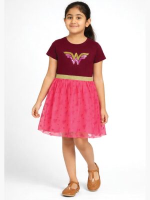 Girls Cotton Printed Party Frock Dress - Maroon Pink