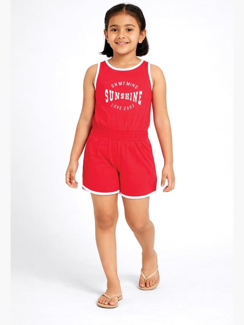 KG-RP-262-05-RD-6-7Y Girls Cotton Sleeveless Playsuit -Red