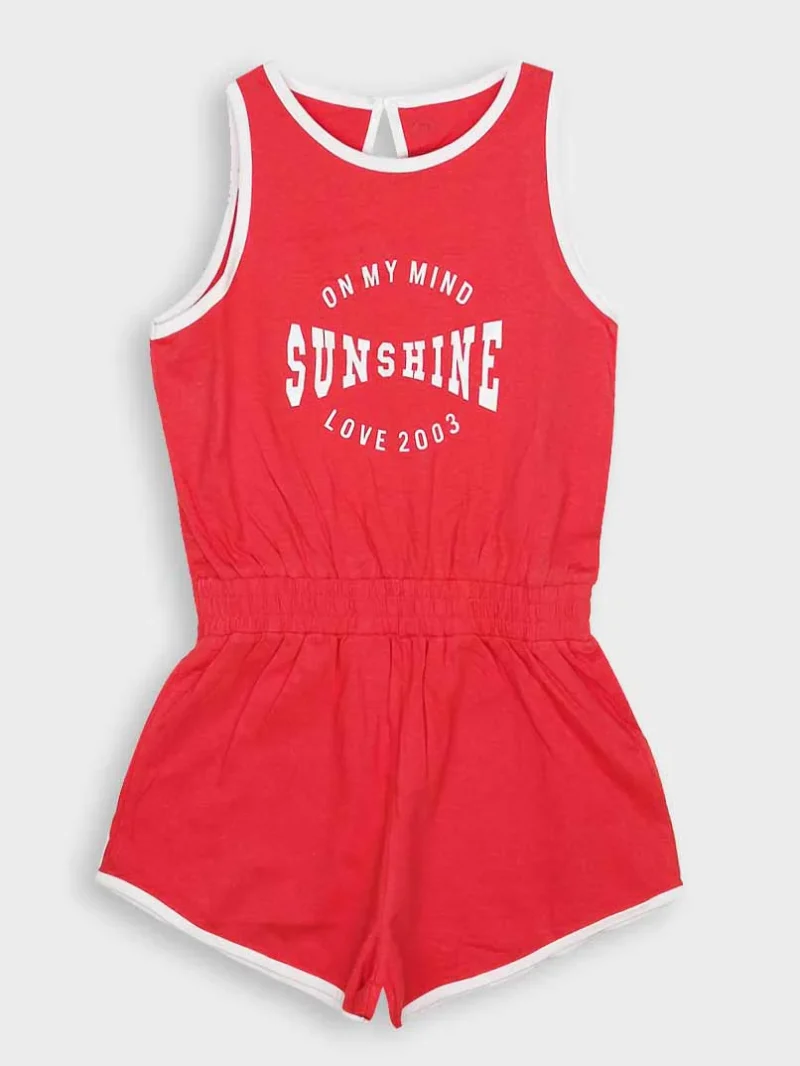 Girls Cotton Sleeveless Playsuit -Red