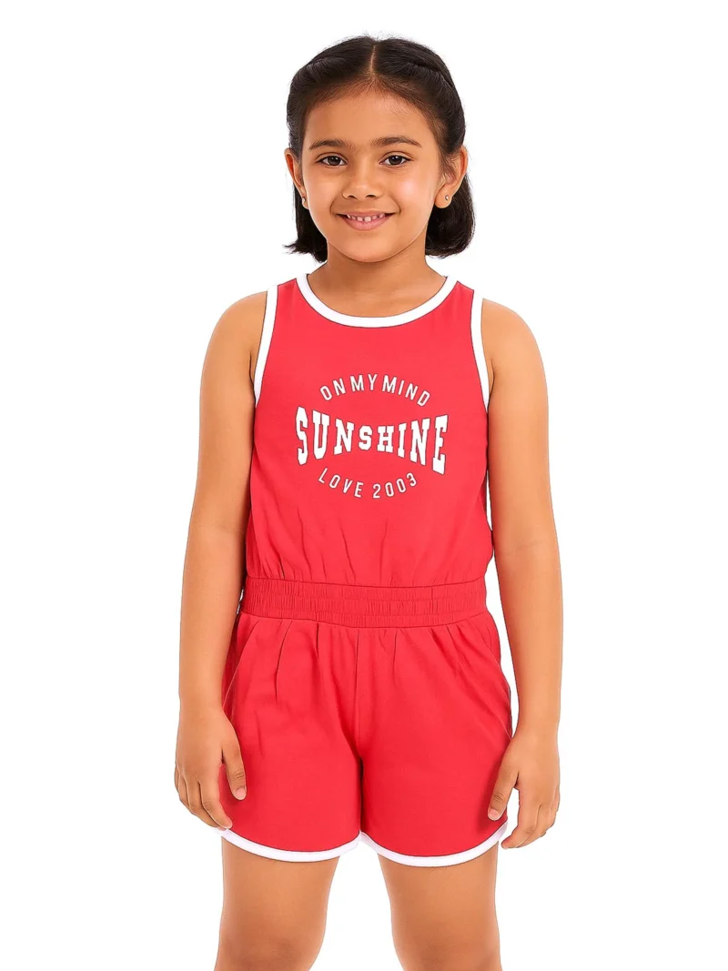 Girls Cotton Sleeveless Playsuit -Red