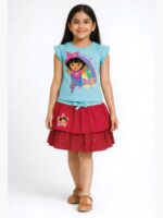 Girls Cotton Graphic Top & Skirt Set - Turquoise Pink