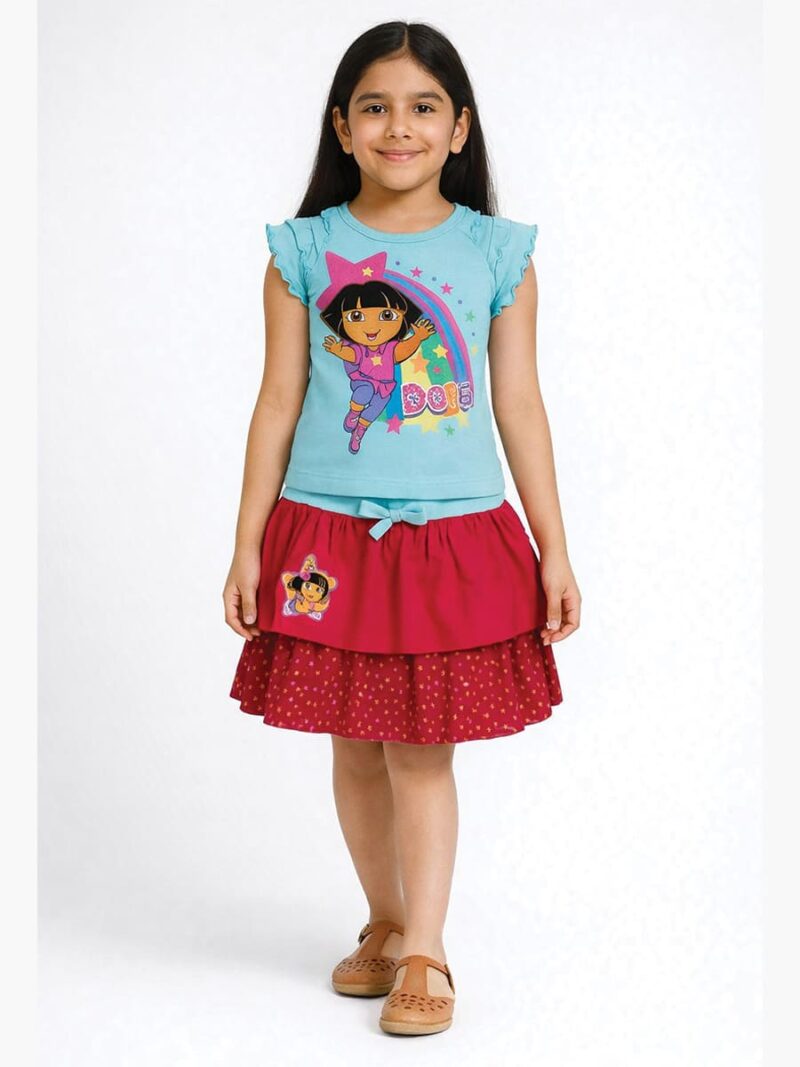 Girls Cotton Graphic Top & Skirt Set - Turquoise Pink