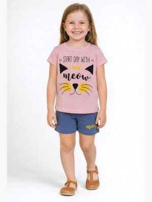 Girls Cotton T-Shirt & Shorts Set Pink Blue
