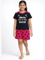 Girls Cotton Night Suit Set - Navy Blue & Pink