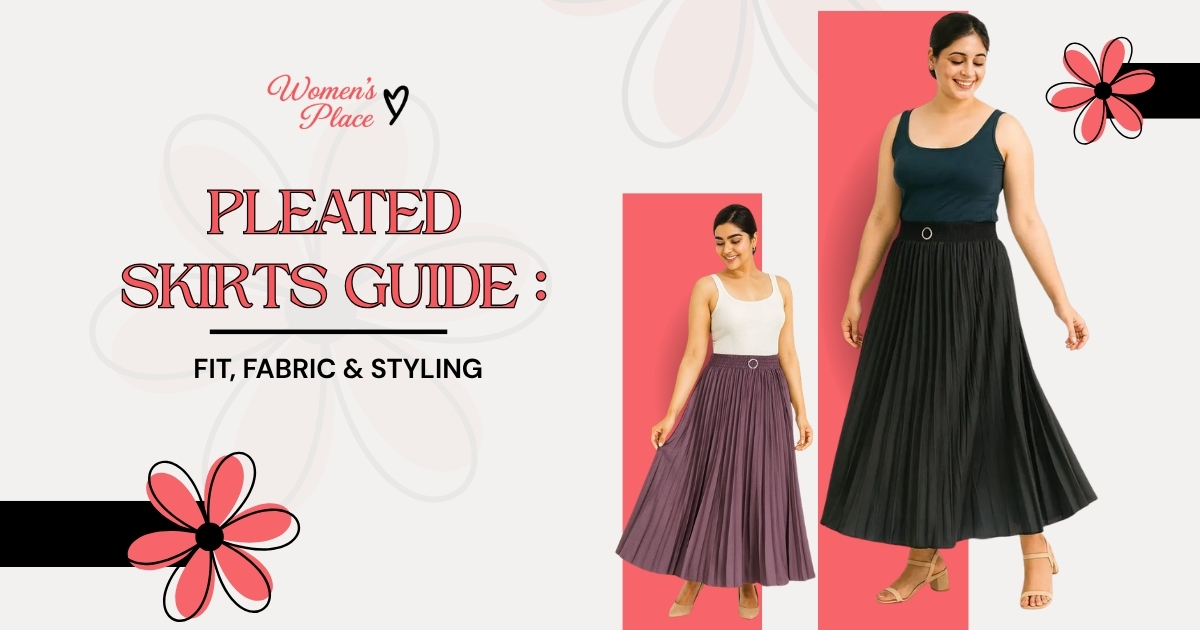 Pleated skirts styling guide showing different skirt fits and outfit styles for women