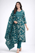 W-KS-280-01-GR-XL-F Women’s Cotton Side Open Kurta Set ,Floral-Green