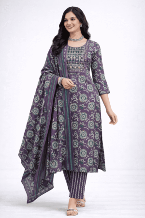 Women’s Cotton Side Open Kurta Set ,Floral- Purple