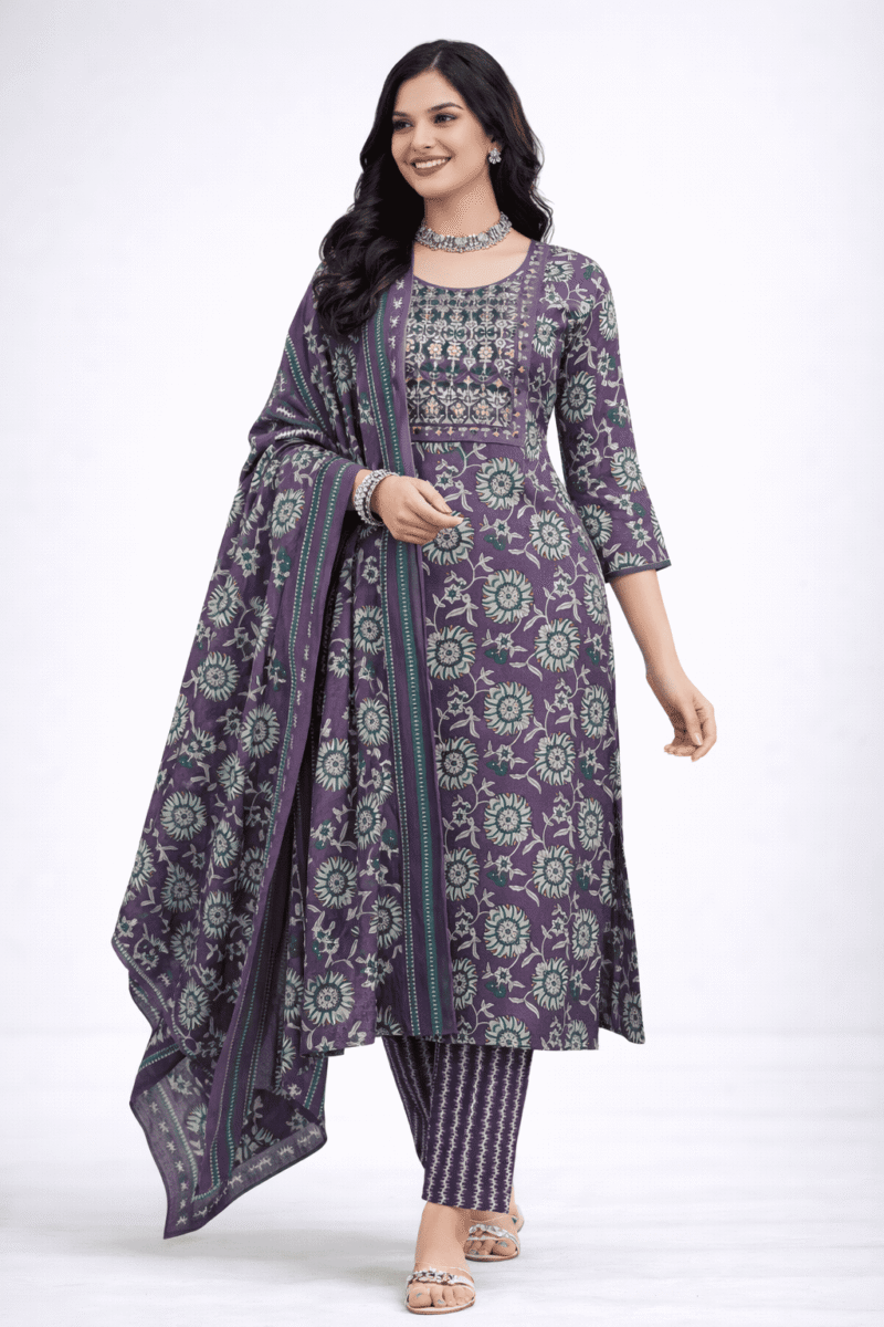 Women’s Cotton Side Open Kurta Set ,Floral- Purple
