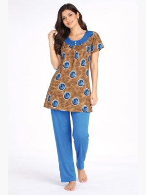 Women's Printed Lycra Night Suit Tunic Set-Brown Blue