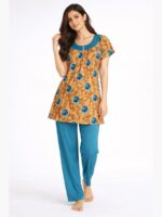 Women's Printed Lycra Night Suit - Musturd Yellow Turquoise