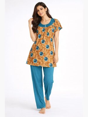 Women's Printed Lycra Night Suit - Musturd Yellow Turquoise