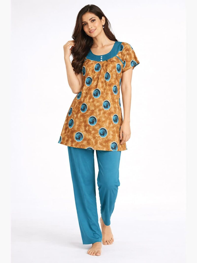 Women's Printed Lycra Night Suit - Musturd Yellow Turquoise
