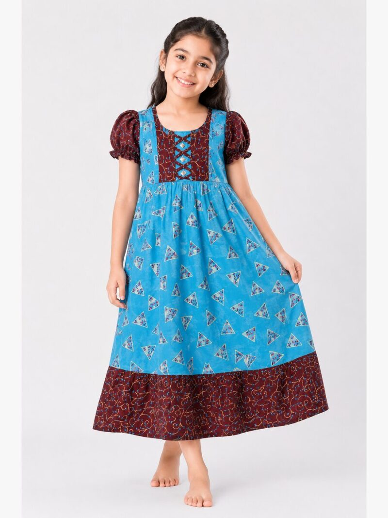 K-NY-300-62-BL-6-7Y-F Girls Cotton Frock Nighty - Blue