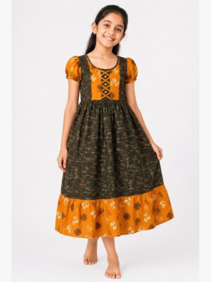 Girls Cotton Frock Nighty - Olive Green