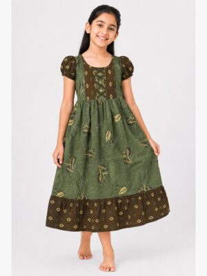 Girls Cotton Frock Nighty - Olive Green