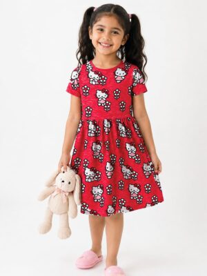 Girls Cotton Printed Fit & Flare Frock - Red
