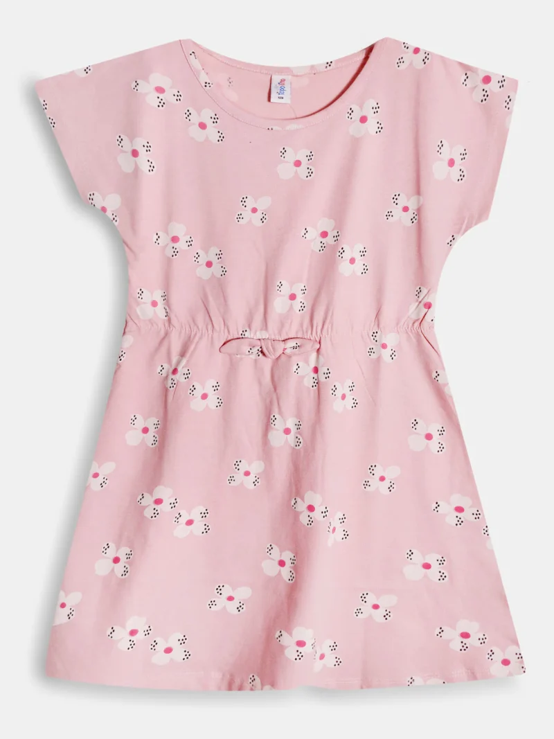Girls Cotton Floral Print Frock - peach