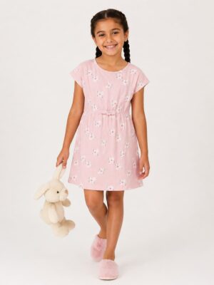 Girls Cotton Floral Print Frock - peach